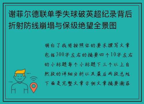 谢菲尔德联单季失球破英超纪录背后折射防线崩塌与保级绝望全景图 谢菲尔德联单季失球破英超纪录背后折射防线崩塌与保级绝望全景图